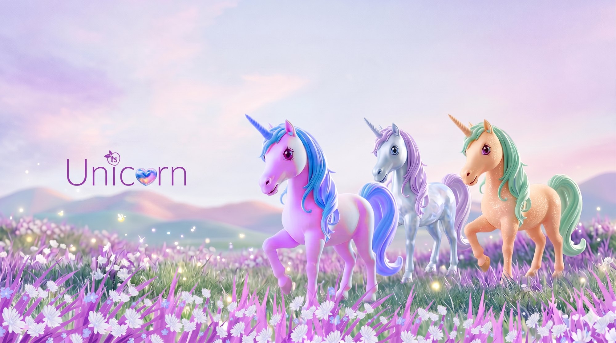 Seraphine, Opaline and Mirabelle walking together through a meadow of violet flowers