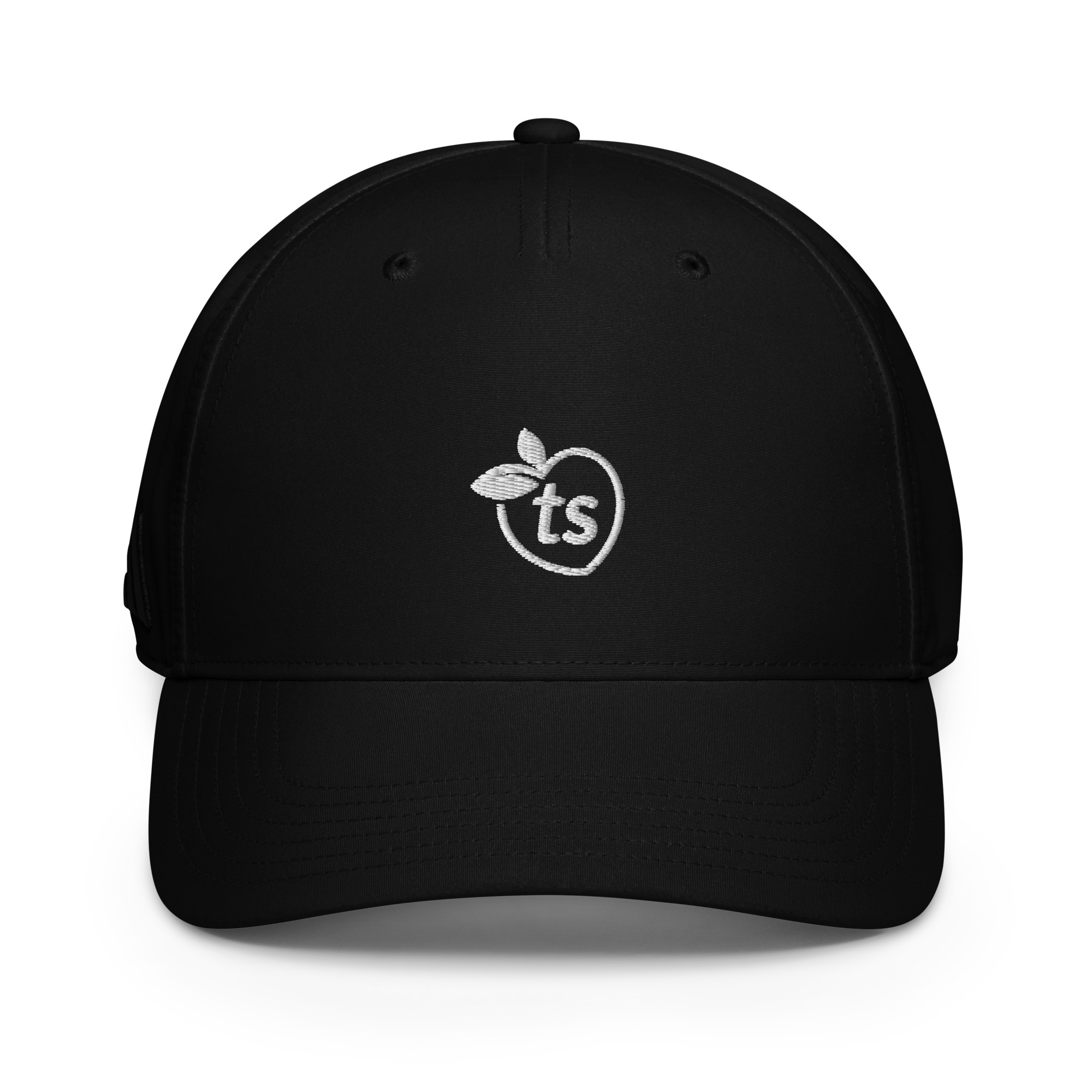 Black adidas dad hat with embroidered ts logo, front view on white background